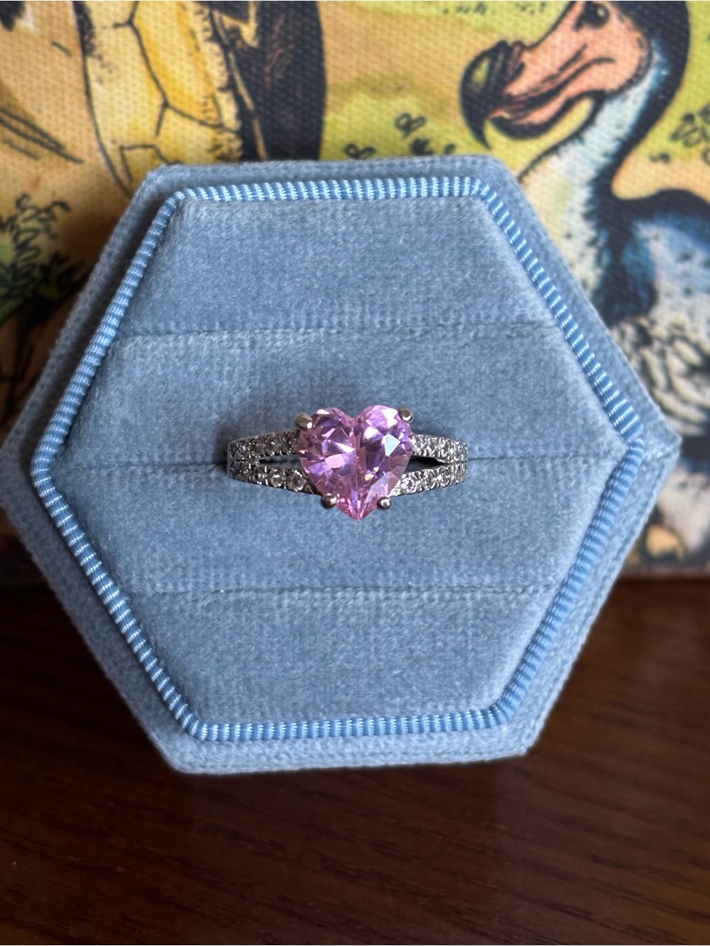 Heart Pink Cubic Zirconia Ring with Pave Band